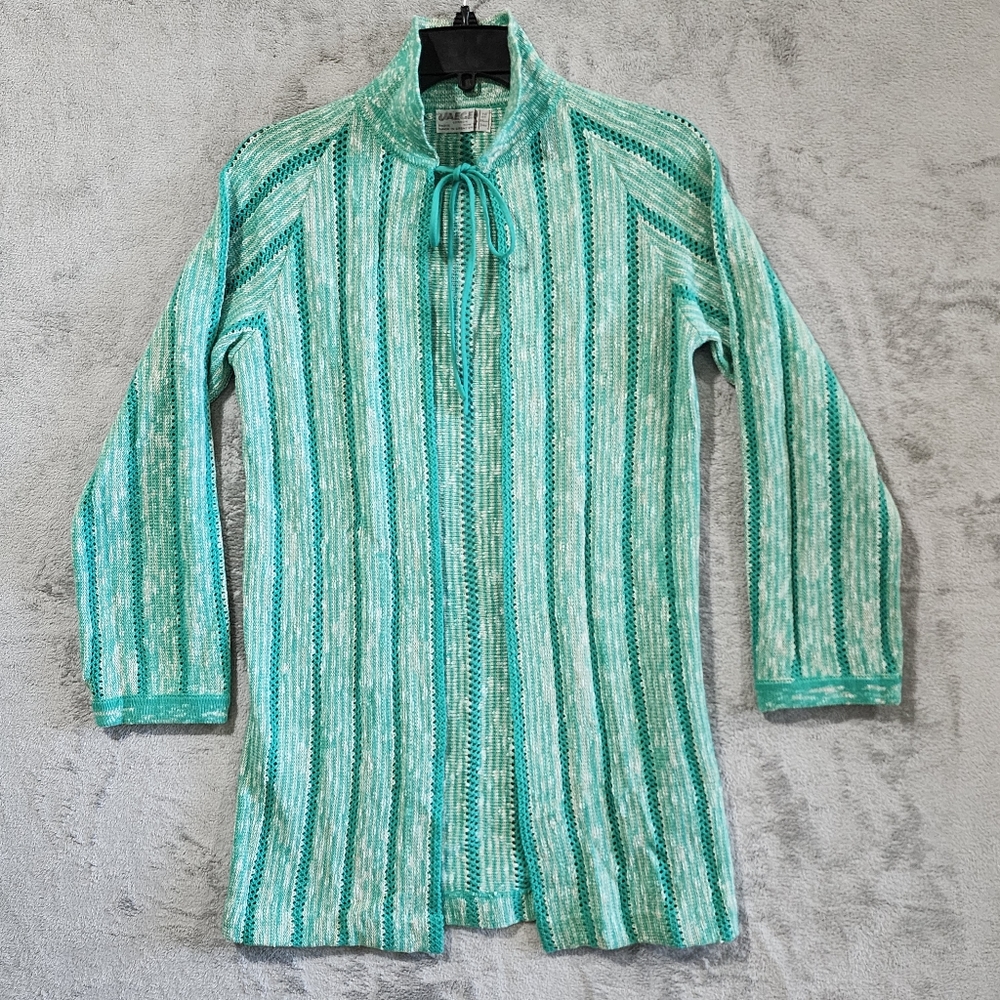 Jaeger London Women's Cardigan Green S Neck Lace Knit Jacket Bohemian Shawl